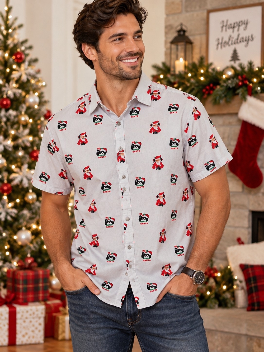 NWT Denim & Flower Gamer Santa Christmas Button Up Shirt Short Sleeve Size M